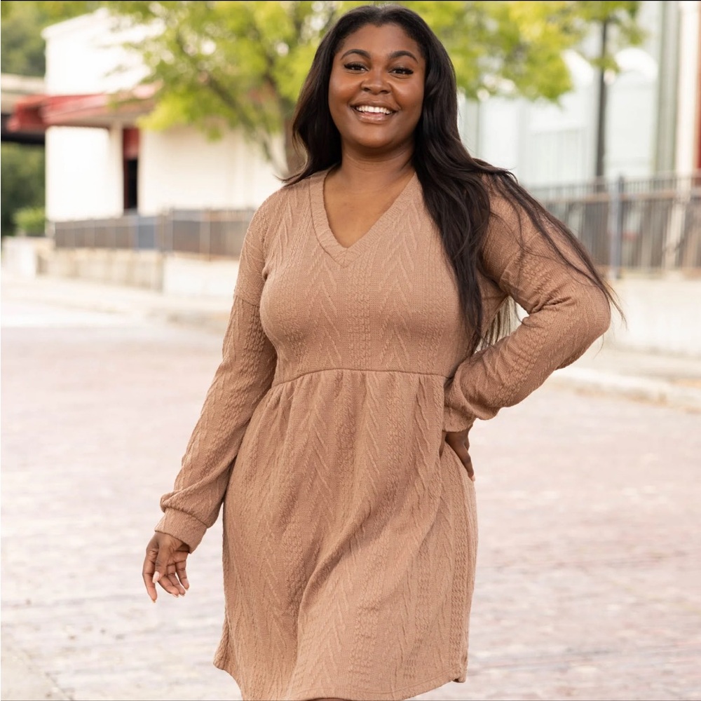 Tan A-line Knee-length Casual Dress with Long Cuffed Sleeves and V-neck